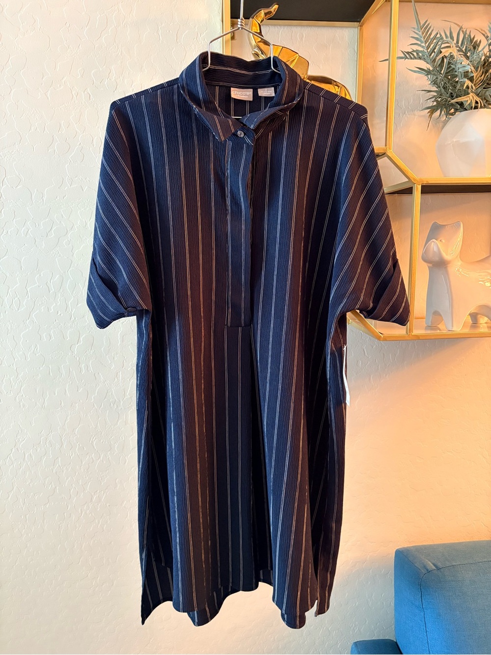 NEW Chicos Travelers Striped Navy Button-Neck Tunic size 12/14